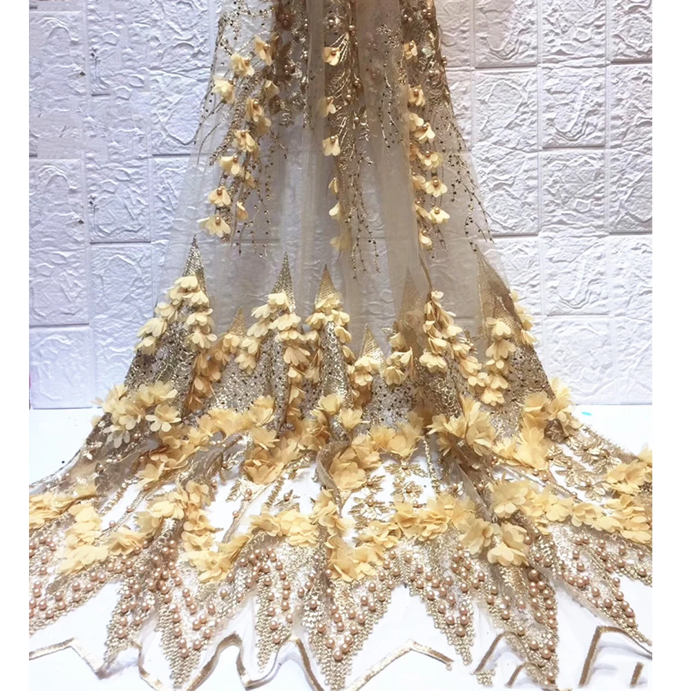 

Beautifical fashion wedding lace gold new beads tulle fabric 3D luxury dressing ML44N143, Can be customized