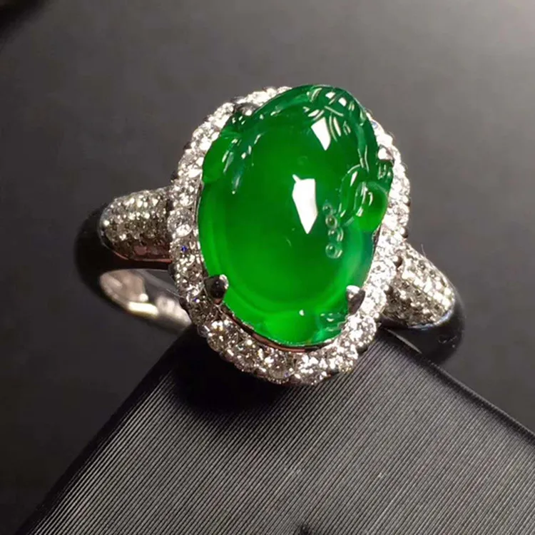 

18k white gold South Africa real diamond natural emperor green jadeite Chinese mythical wild animal ring for male