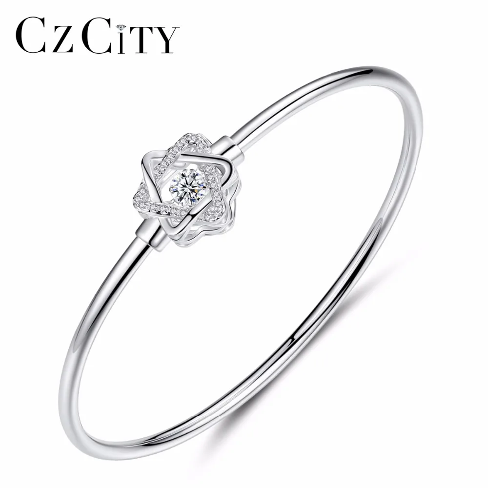 

CZCITY Clear CZ Pave High Purity 925 Sterling Silver Charm Bracelet Bangle For Sexy Women