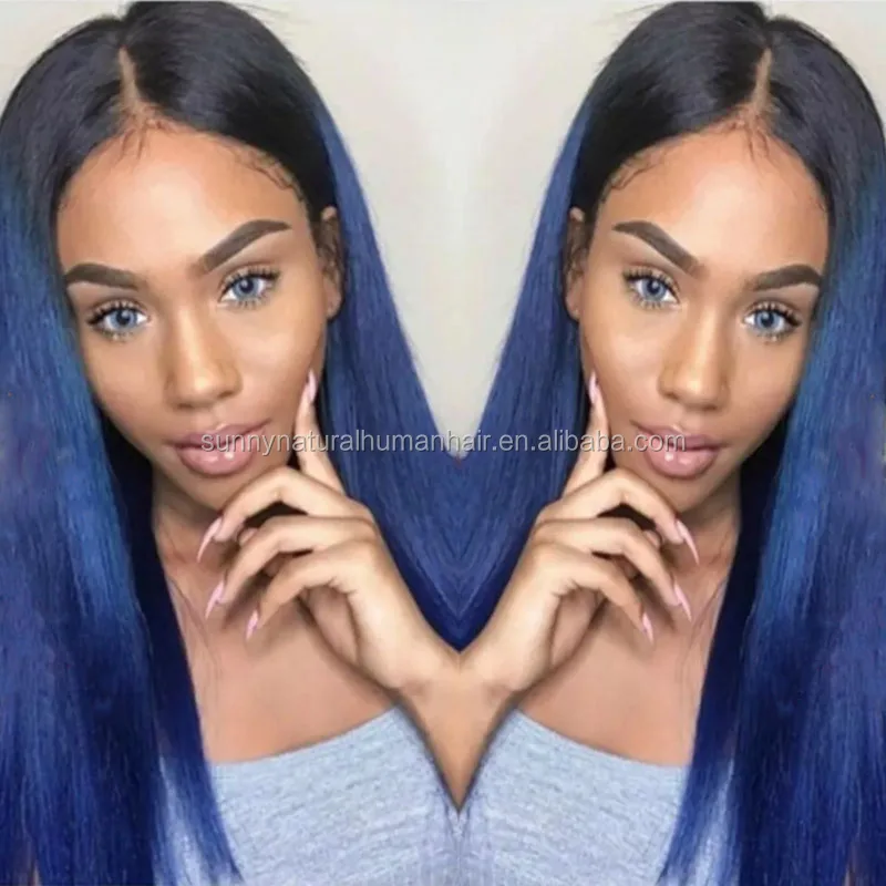 

Dark Root Ombre Blue Full lace wig Brazilian virgin Front lace wig straight human hair wigs for black women baby hair, N/a
