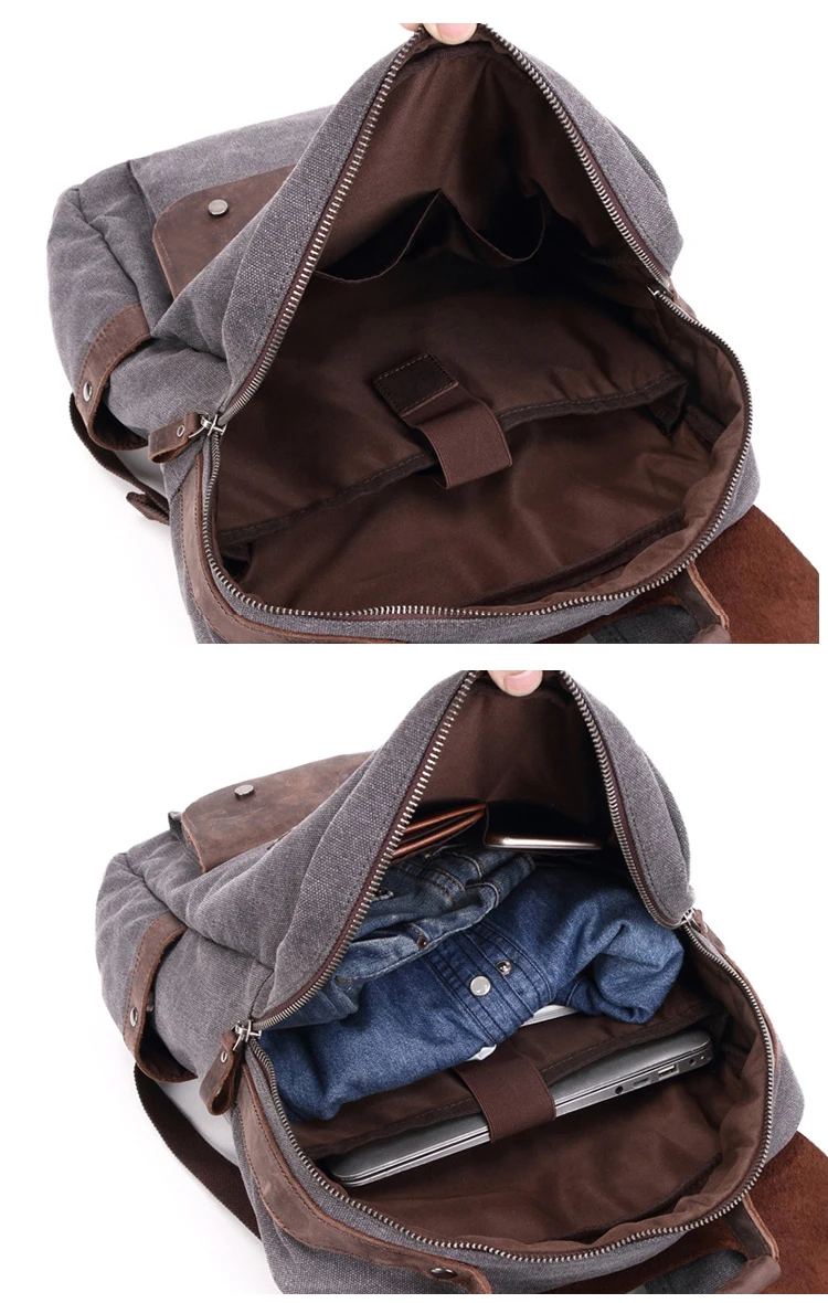 Retro 16Oz Washed Canvas Design Daily Use Durable Crazy Horse Leather Backpack Rucksack Back Pack Bag