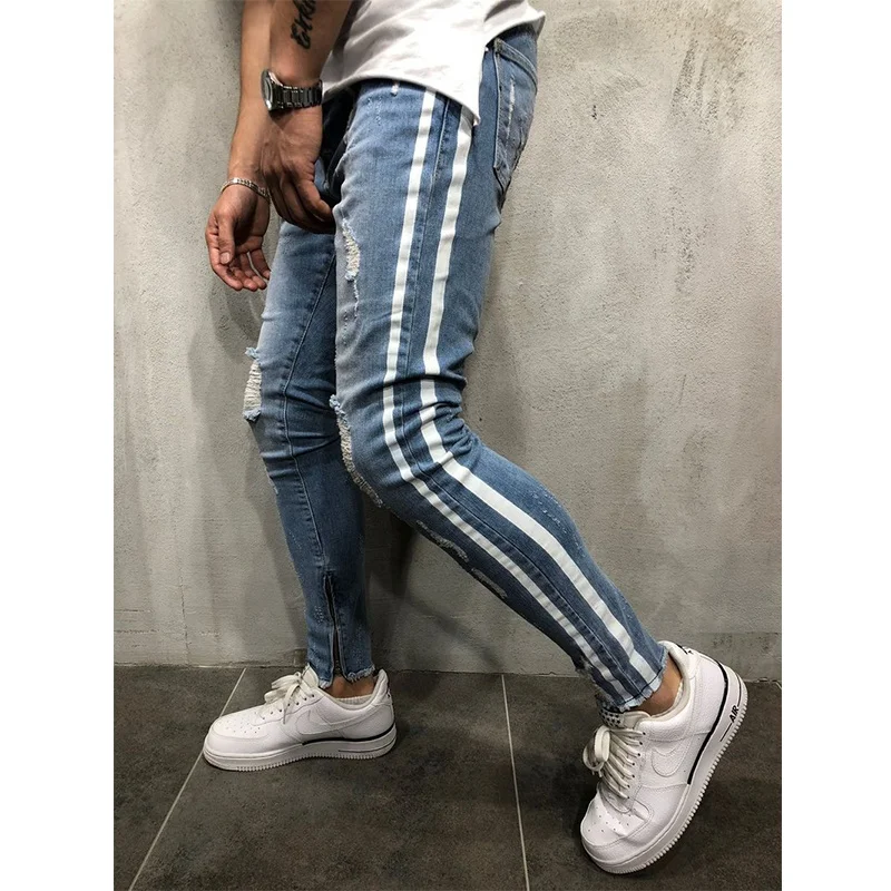 

Wholesale Mens Slim Fit Denim Distressed Ripped Side Stripe Jeans Pant Latest, Light blue;blue customized