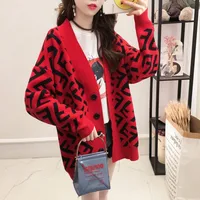 

2019 new arrival autumn winter v neck letter print open front big button lazy girls loose knitted cardigan sweater coat