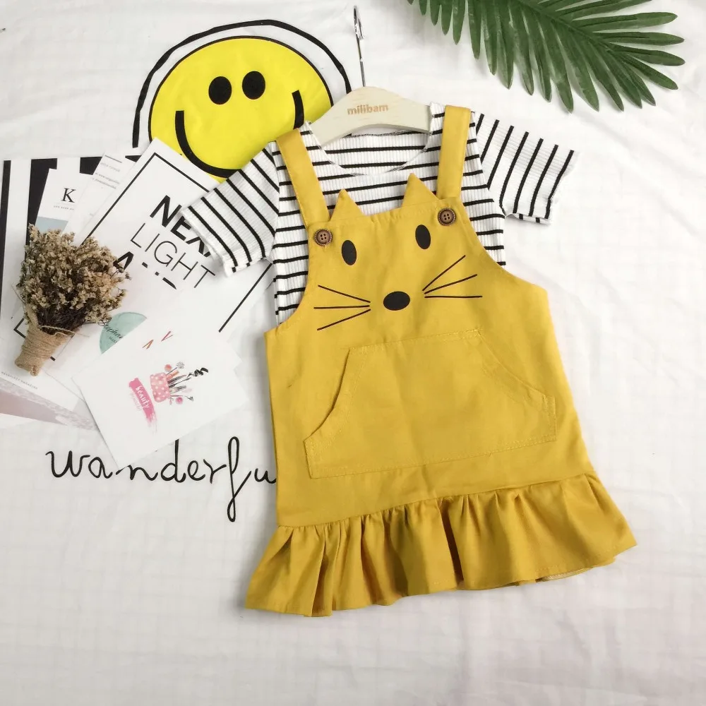 

2017 summer baby girl boutique clothing sets little mouse children short sleeve stripe t-shirt+suspender dress 2pcs sets, As picture