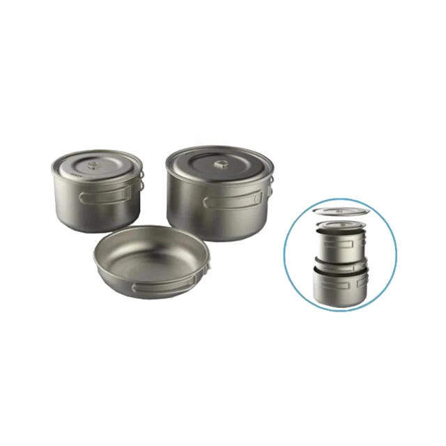 3 pieces outdoor camping cookset titanium compact -2 pots and 1 pan