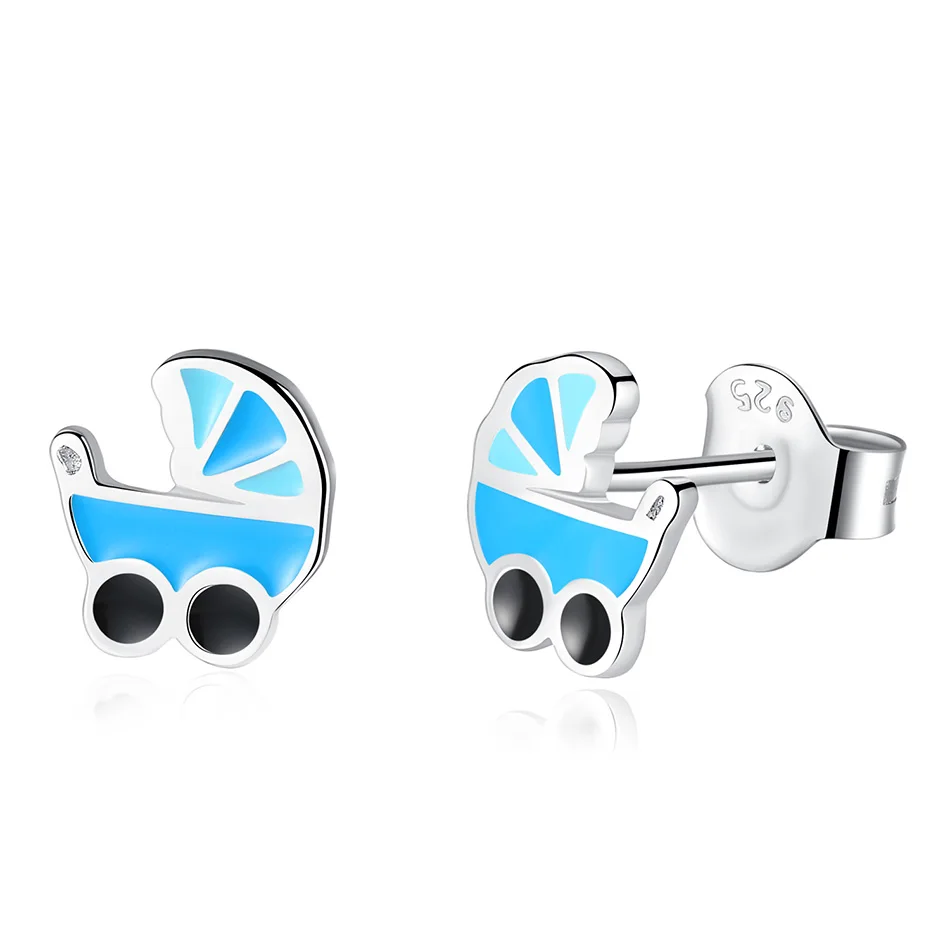 

Lovely 925 Sterling Silver Jewelry Earrings Blue Enamel Stud Earrings For Women Children Baby Carriage Shape Jewelry