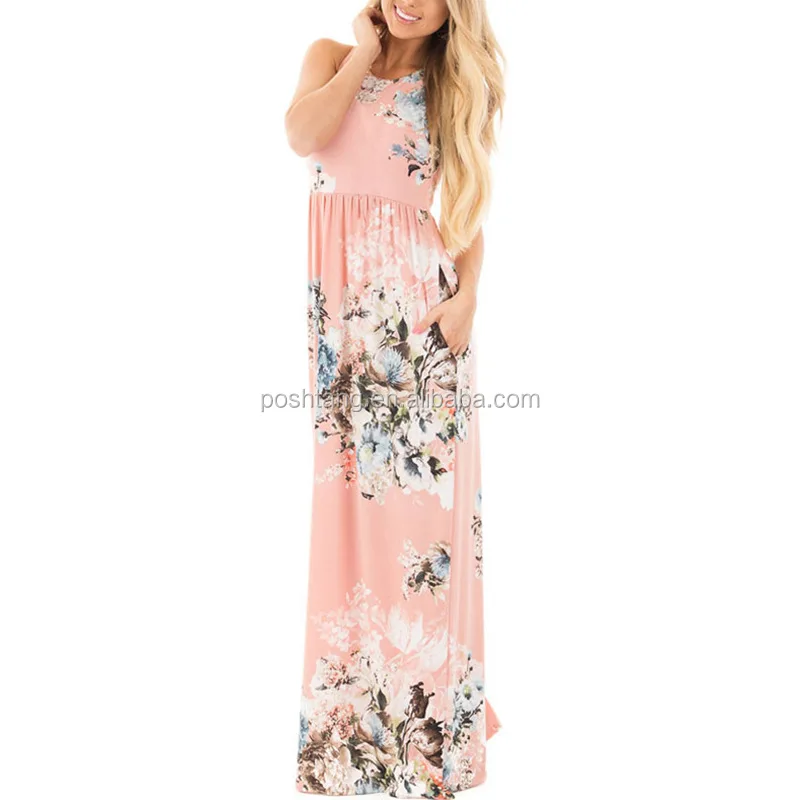 

RTS Wholesale Fashion Women Loose Sleeveless dress summer lady Floral Maxi Dress, Picture