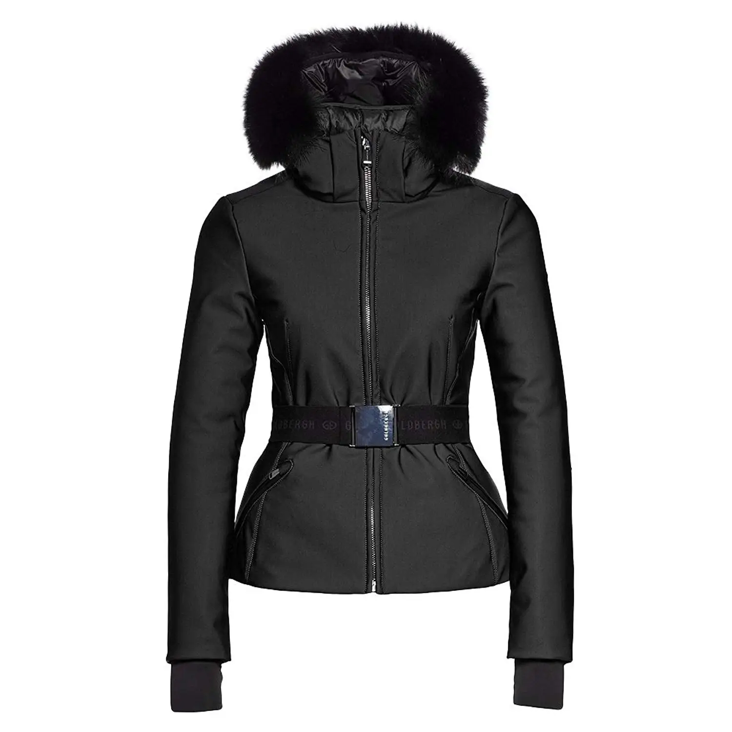 ladies black ski jacket with fur hood