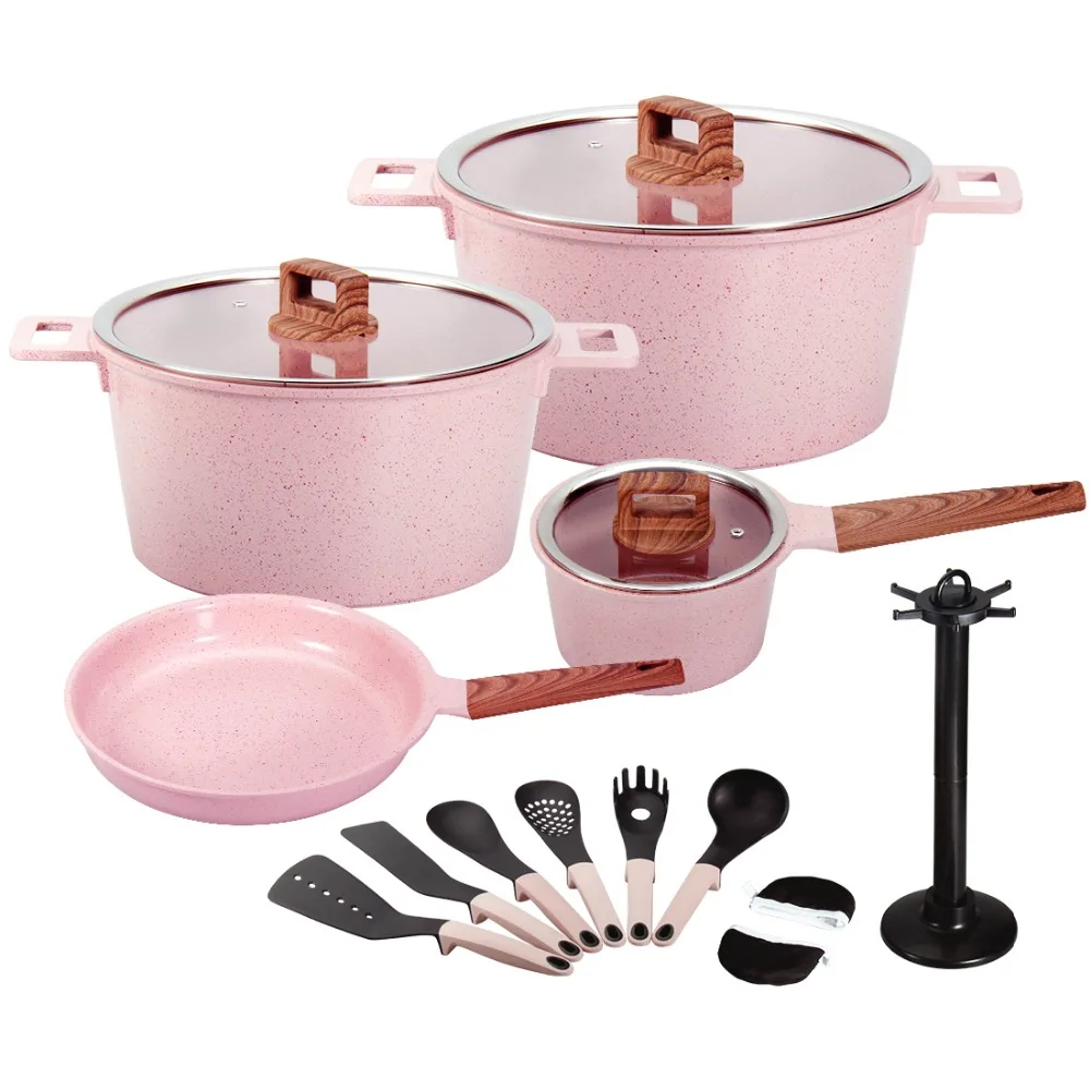 

16pcs die casting aluminum ceramic coating induction bottom cookware set home kitchen appliance, White/coffee/pink