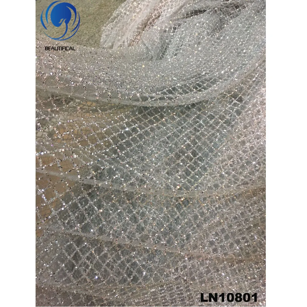 

Beautifical Hotsale bridal mesh dress bling net tulle fabric African Shinning wedding lace LN108, White;silver;red;black;beige