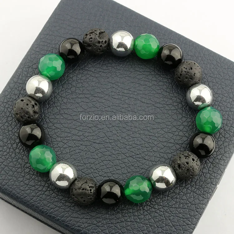 

BN5031 Fashion Gemstone 10mm Green Agate Black Onyx Lava Beaded Men's Bracelet, Blue