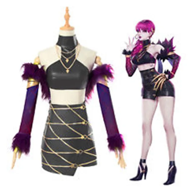 

Halloween Costume LOL League of Legends KDA Evelynn Outfit Sexy Leather Top Skirt Cosplay Costume With Wig