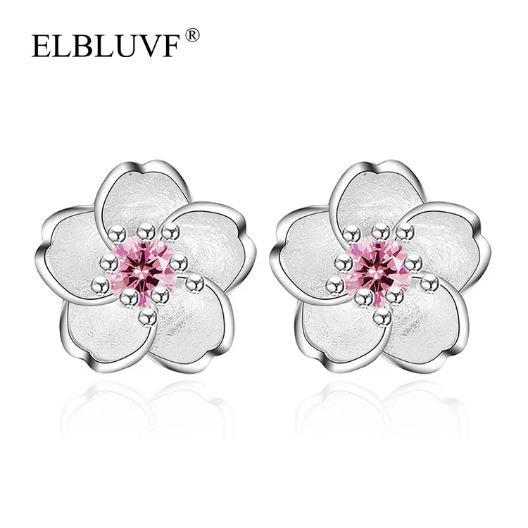 

ELBLUVF Free Shipping Copper Alloy 925 Silver Plated Fancy Cherry Blossoms Fresh Flower Jewelry Stand Of Earrings, Purple , pink
