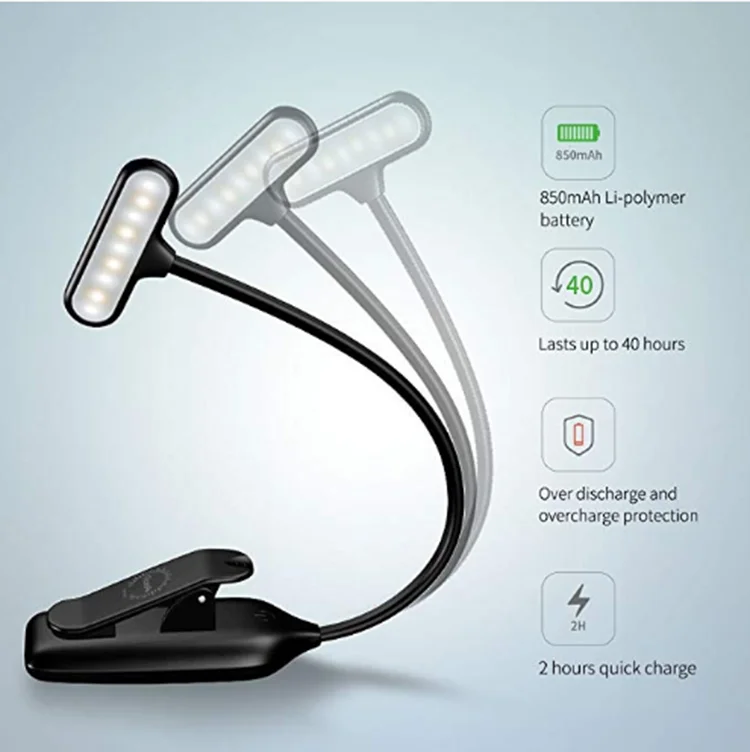 
China supplier ABS material 9 led USB Rechargeable Reading Mini Book light for clip on piano 