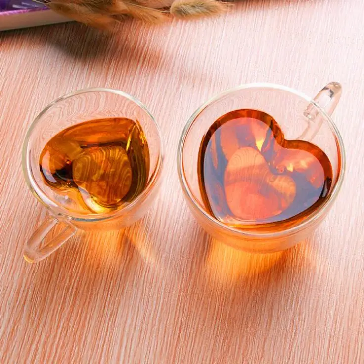 

New Transparent 240/180ml Heart Love Shaped Double Layer Water Glass Tea Cup For Lovers Coffee Mug Gift Glasses Cups And Mugs, Red;black;white;coffee