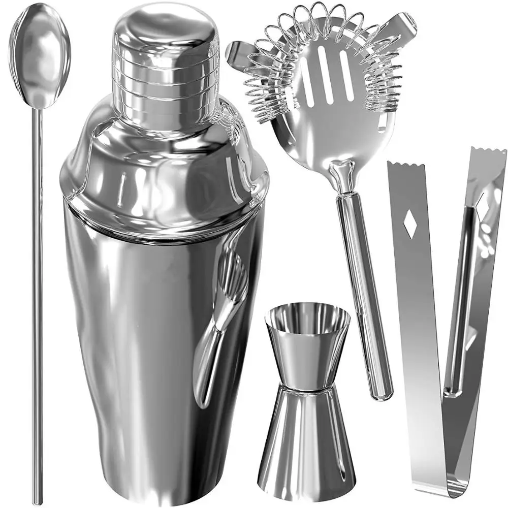 

stainless steel 550ml 5pcs cocktail shakers set for bar/home bar tools bartender tool set, Sliver