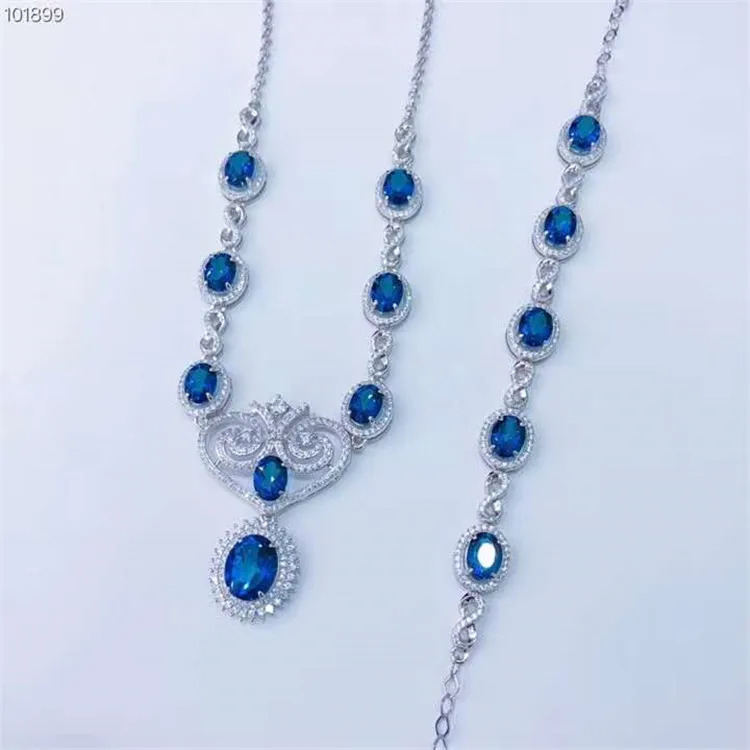 

gemstone jewelry factory wholesale S925 silver natural blue topaz necklace bracelet jewelry set for women