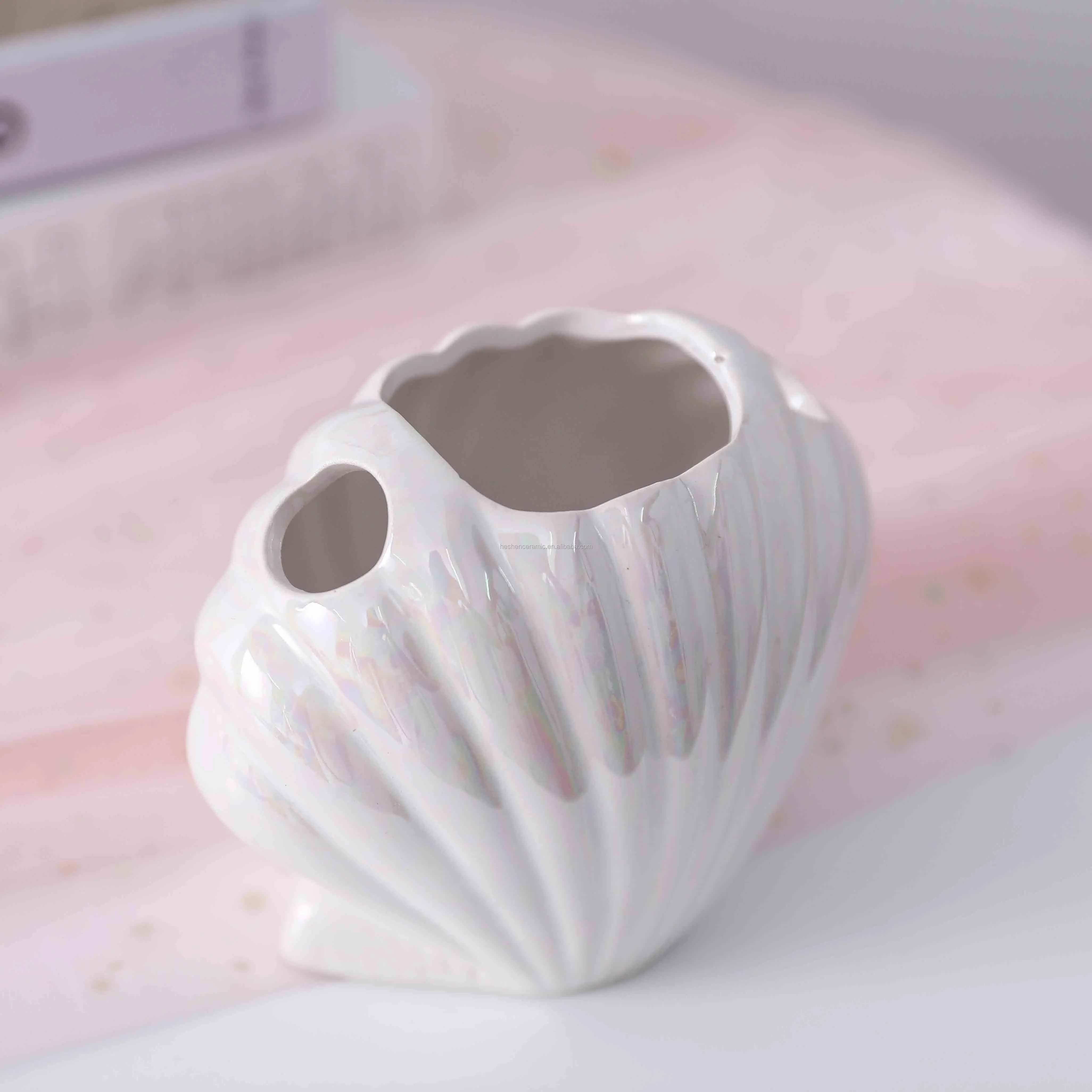 Colored handmade shell shaped small ceramic pencil holder for table decoration