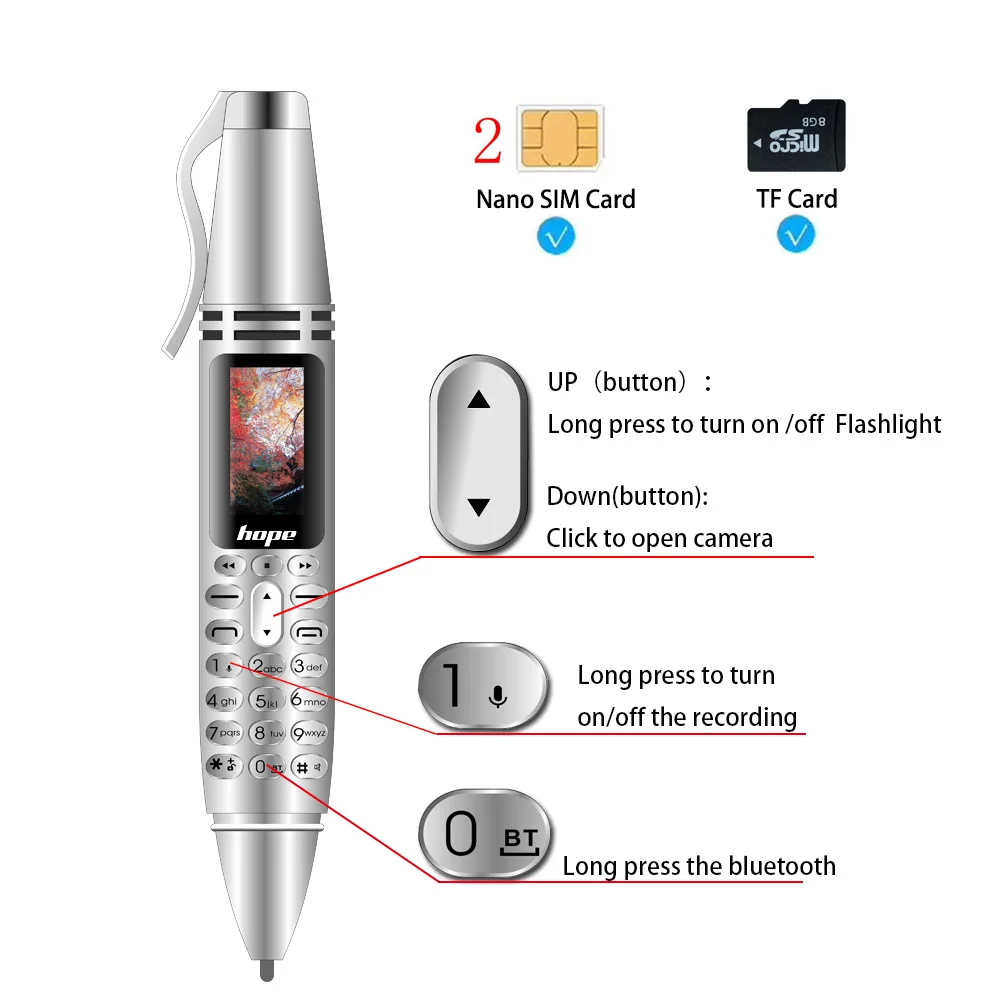 

HOPE AK007 0.96 Pen Shaped 2G CellPhone Screen Dual SIM Card GSM Mobile Phone Mini BT Dialer Magic Voice MP3 FM Voice Recorder