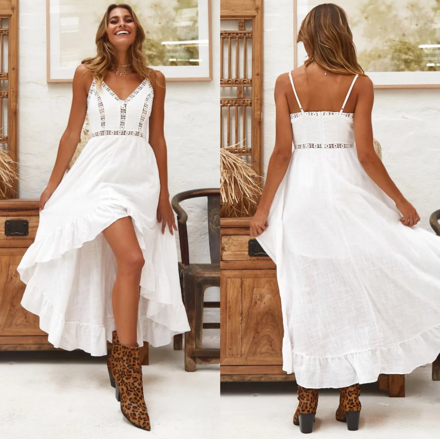 

White Linen Lace Maxi Dress Woman Irregular Sexy Dress, Shown