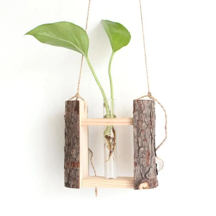 

Handmade test tube stand hanging flower vase wood plant terrarium, Natural