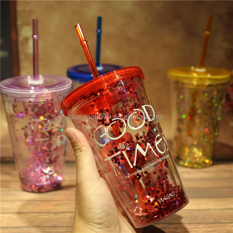 Bb013 Custom Logo Double Wall Clear Plastic Juice Straw Tumbler With 