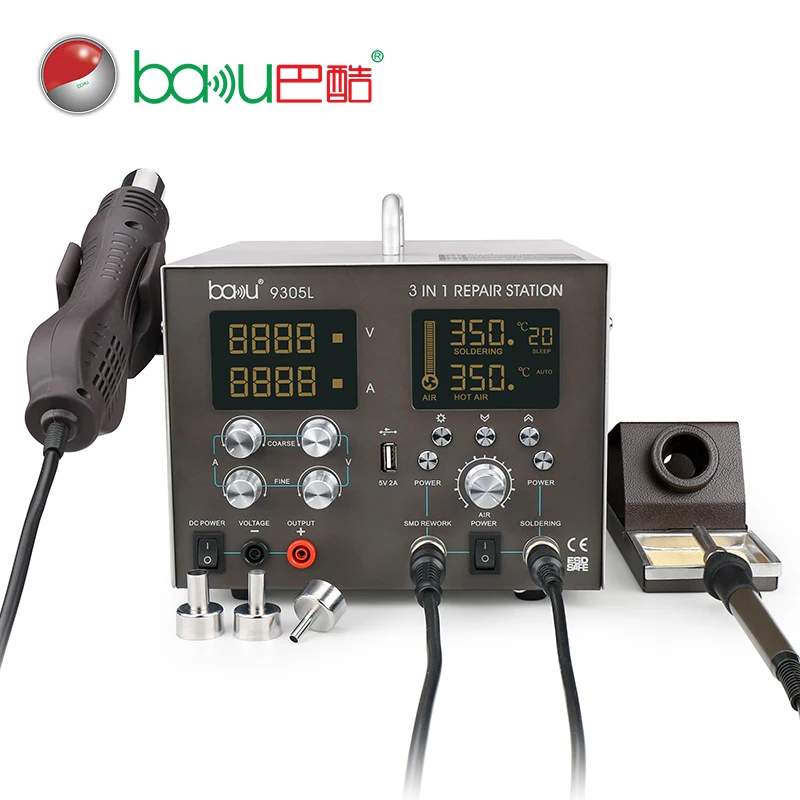 

DC Power Supply BAKU Soldering Station Hot Air And Soldering Iron Station 4in1 Rework Repair Soldering Station ba-9305L, N/a