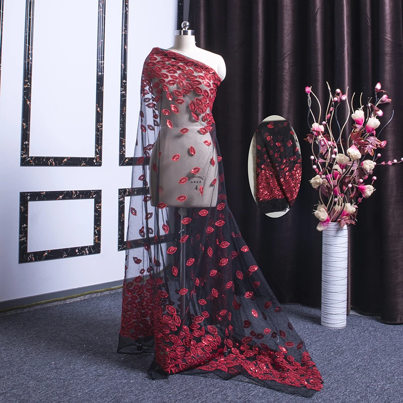 LSM029 Wholesale ready goods all over embroidery red sequins lace fabric 6 yards for party dress