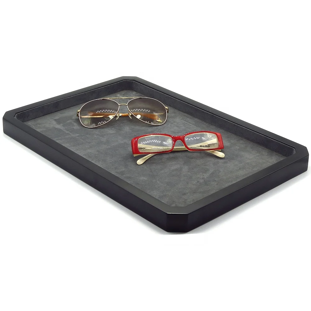 

Custom Luxury Wooden Watch Jewelry Eyeglass Sunglass Tray Wood Glasses Display Tray, Black/grey