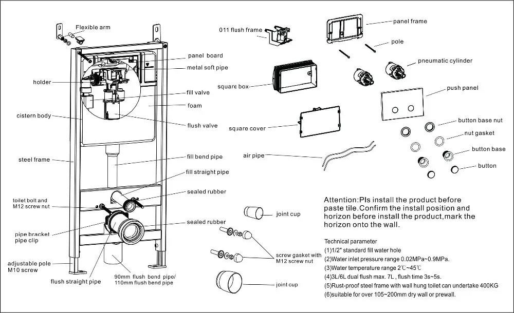 Air Flush Dual Button Hideaway Pneumatic Toilet Concealed Flush Cistern For Wall Mounted Toilet