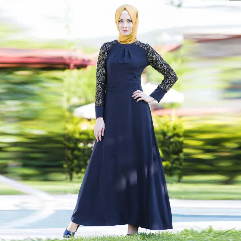 

Fancy Abaya With Long Sleeve Modern Islamic Dresses Decorated With Gold Lace, 3 colors