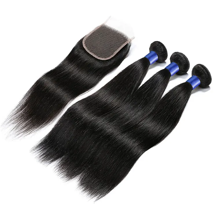 

Natural Straight Peruvian Virgin Hair 3bundles With Closure,Peruvian Hair 3 Bundles With 4X4 Lace Closure, #1b or as your choice