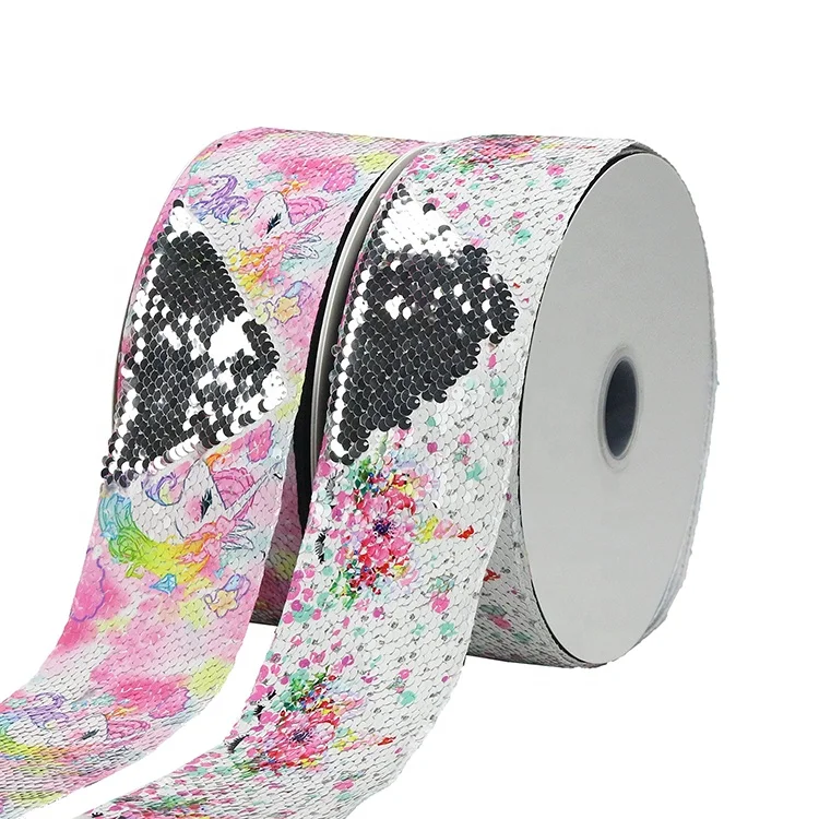 

Rollos De Liston 3 Heat Transfer Custom Printed Reversible Sparkling Bling Sequin Ribbon Unicorn