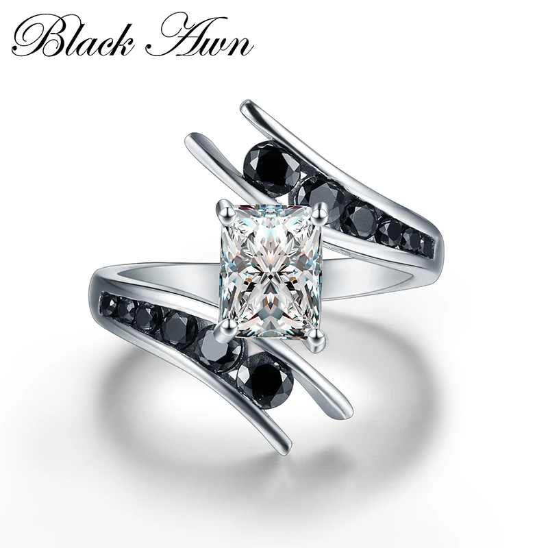 

[BLACK AWN] Fine Jewelry 5.1 Gram 100% Genuine 925 Sterling Silver Row Black Stone Engagement Rings for Women Bague C299