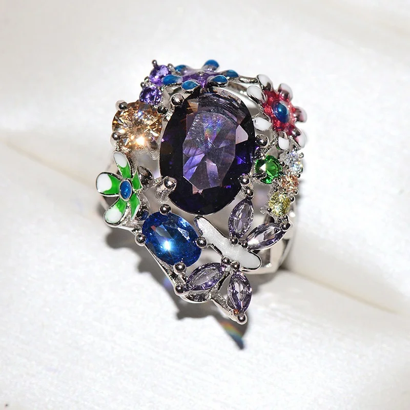 

Luxury Big Rainbow Flower Ring Boho Female Party Ring Promise Engagement Rings For Women Wedding Fashion Jewelry gift