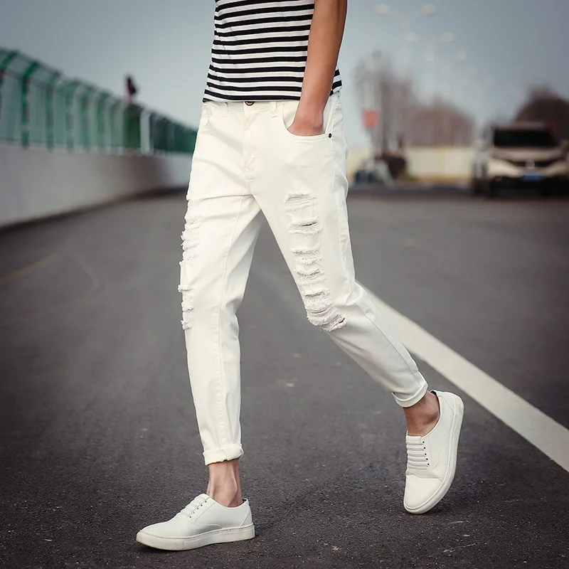 

Latest New Design Cotton Material Trousers Men Fancy White Black Jeans, As picture