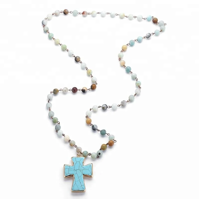 

Women Necklace Rosary Chain Natural Amazonite Stone Turquoise Cross Charm Pendant Necklace, Matt or shiny stone
