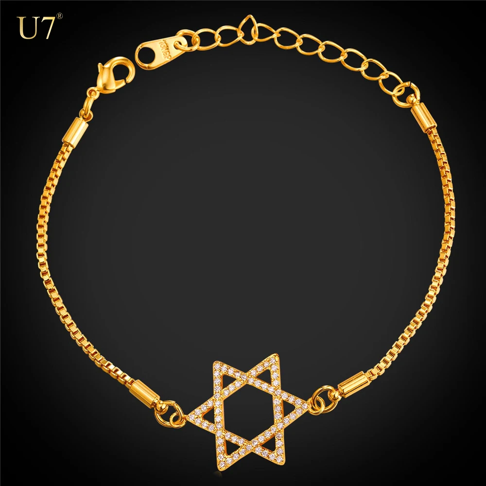 

U7 Adjustable Magen Star Of David Bracelet For Women with box chain jewish Jewelry Platinum/Gold plated charm bracelet bangles