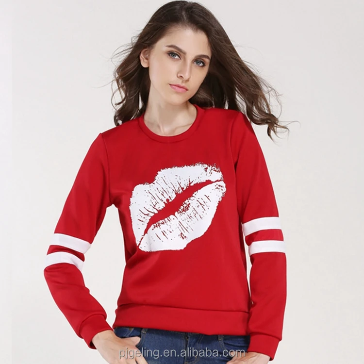 

Lip Pattern Round Neck Long Sleeve Red Young Ladies T Shirt