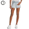 Custom Ladies Button Closure Five Pockets Belt Loops Shredded Hems Zipper Fly Denim Shorts