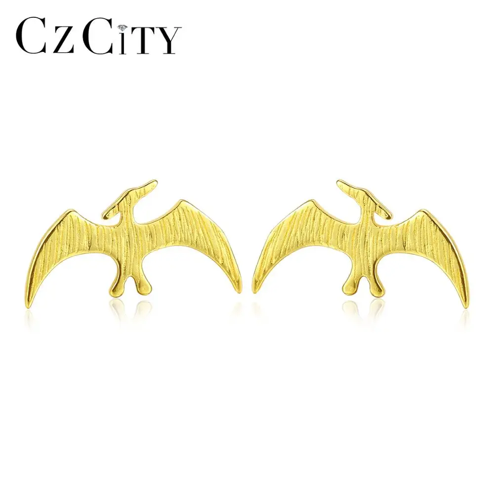 CZCITY Sterling Silver 925 Gold Plated Cartoon Pterosaur Stud Earrings Fashionable Jewelry