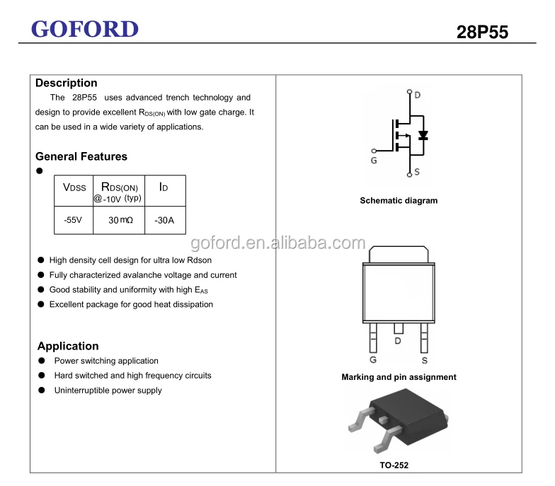 Power Mosfet Transitor 28p55 P Ch 55v 28a To252 Ic Mosfet Switching