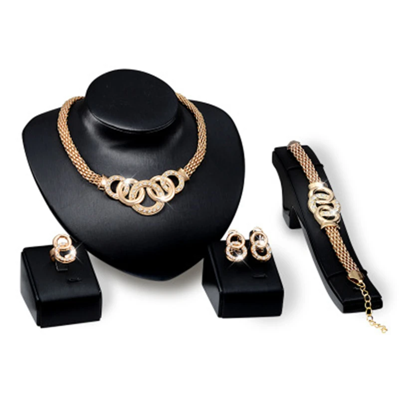 

Hot Sale Alloy Rhinestone Necklace Earrings Bracelet Jewelry Sets For Women