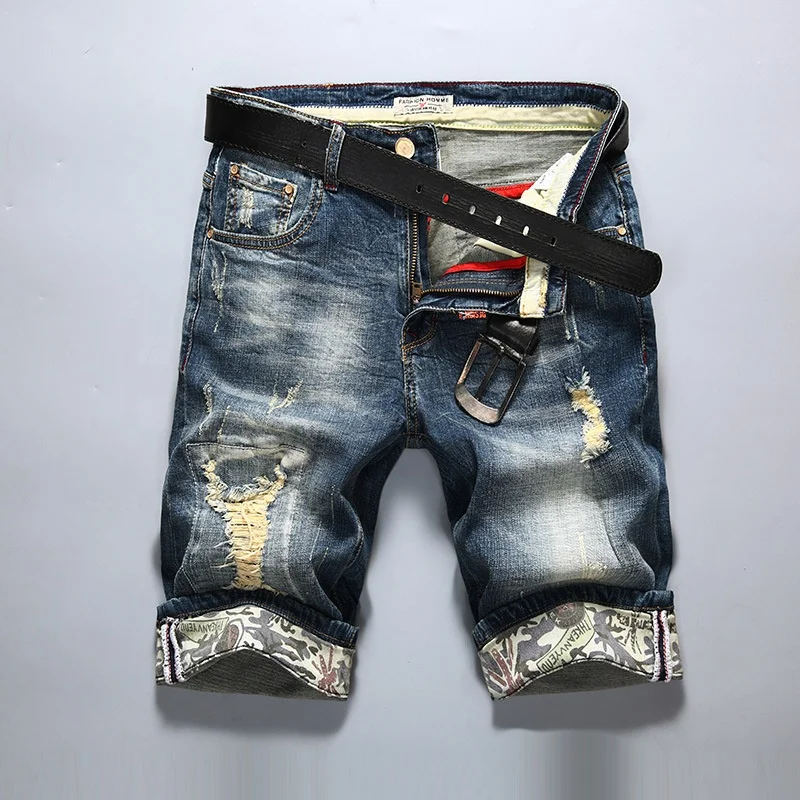 

High Quality Damaged Ripped Boyfriend Blue Stretch Mens Jeans Shorts, Dark blue