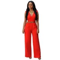 

Wholesale Plain Jumpsuits Sexy V-Neck Women Ladies Loose Jumpsuit Rompers With Belt 2019 Formal Jumpsuits A482