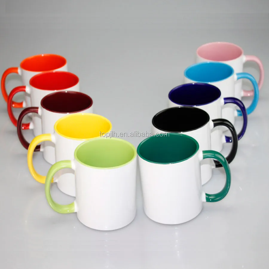 

Custom mugs wholesale Rim and handle colorful mugs sublimation ceramic 11oz coffee mugs sublimation, White surface outside, colorful inside and handle