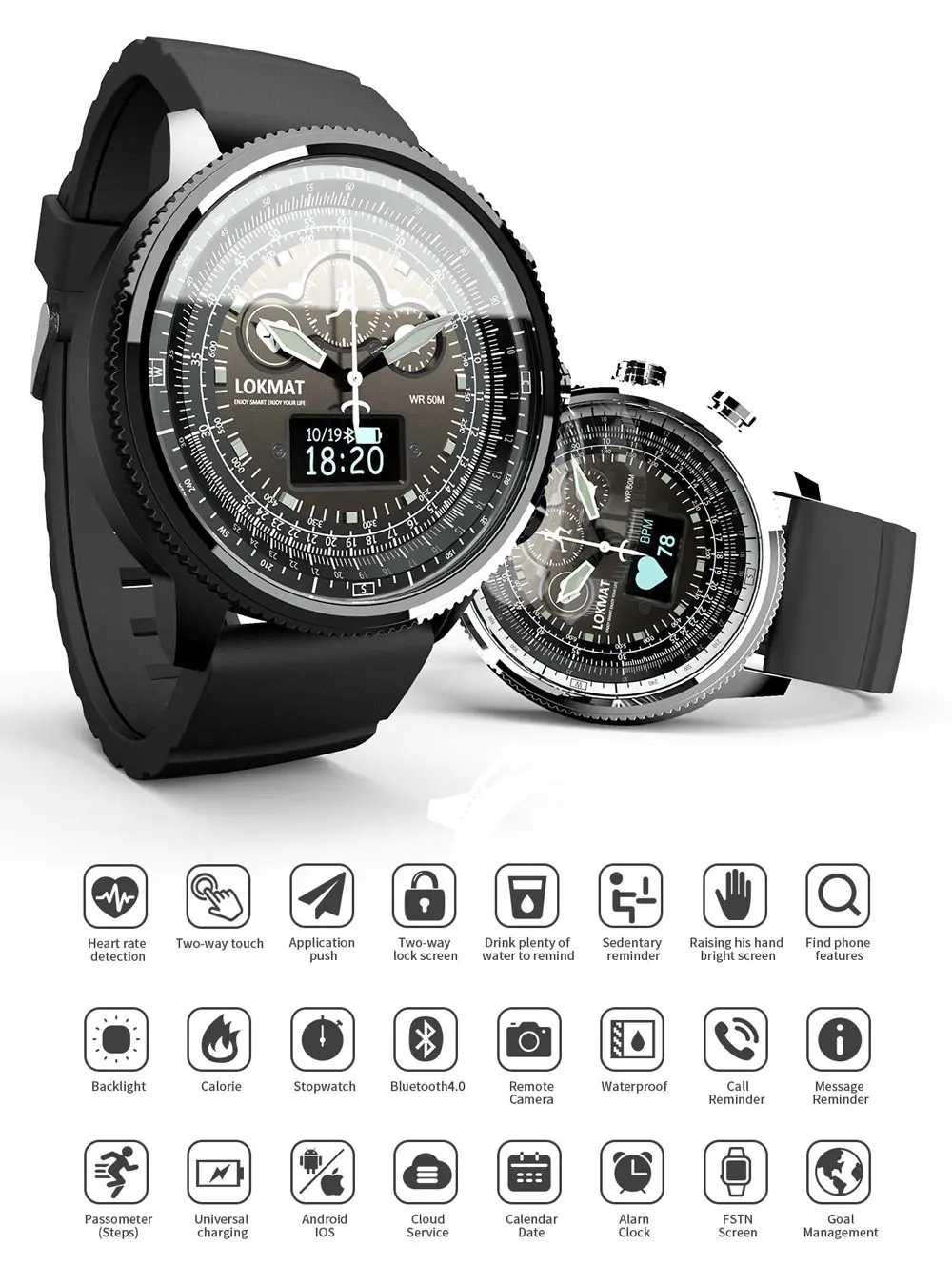 lokmat bluetooth smart watch sport waterproof pedometers