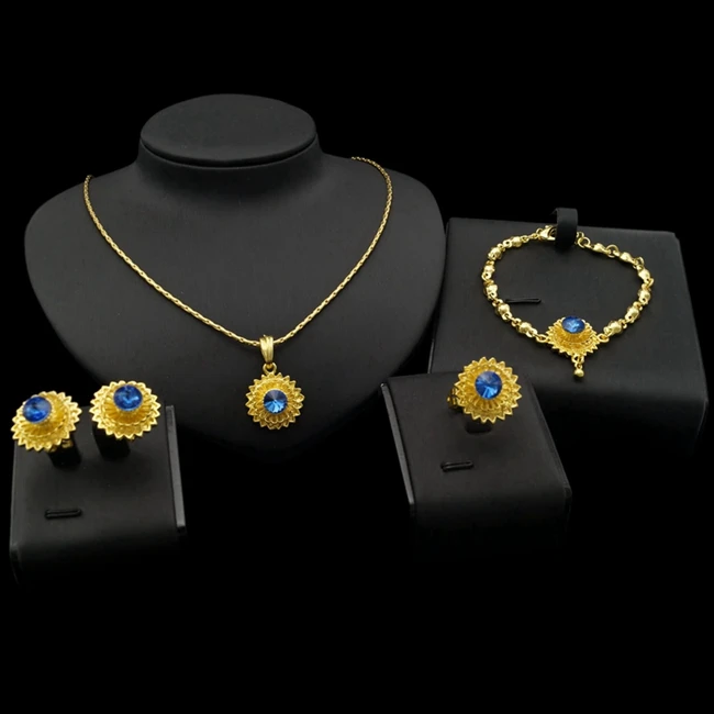 

Yulaili Ethiopian Yellow Gold Plated Pendant Bule Crystal Jewelry Set For Women Wedding