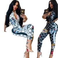 

Sexy Fashion Retro Print V-neck Zipper Design Jumpsuits & Rompers For Women