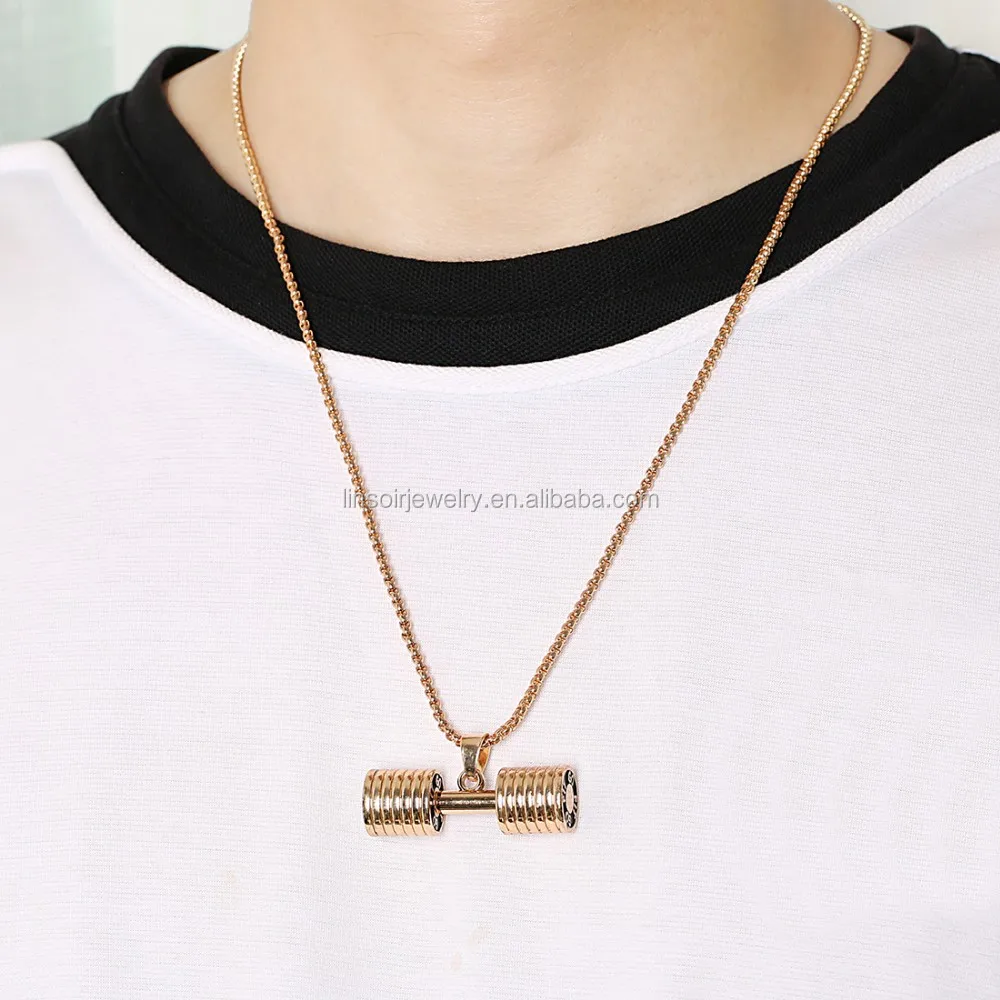 

Lingsai wholesale zinc alloy dumbbell barbell chain necklace for wen hiphop jewelry, Gold;black;silver;customized color